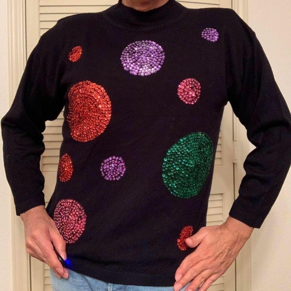 VINTAGE 70S BLACK SWEATER POP CIRCLES COLOR BEADS CRYSTALS LARGE